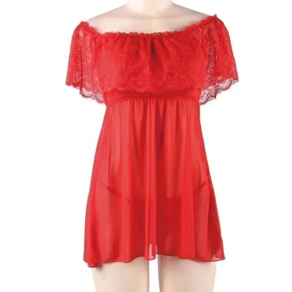 🆕 S-XL; Red Babydoll Night Dress Slip Off The Shoulder Lingerie with Ruffles - Picture 5 of 8